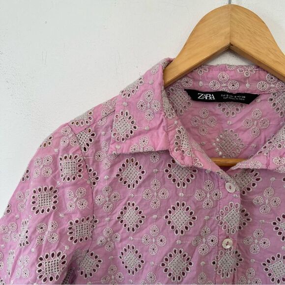Zara Pink Eyelet Short Sleeve Button Down Shirt - Picture 4 of 8